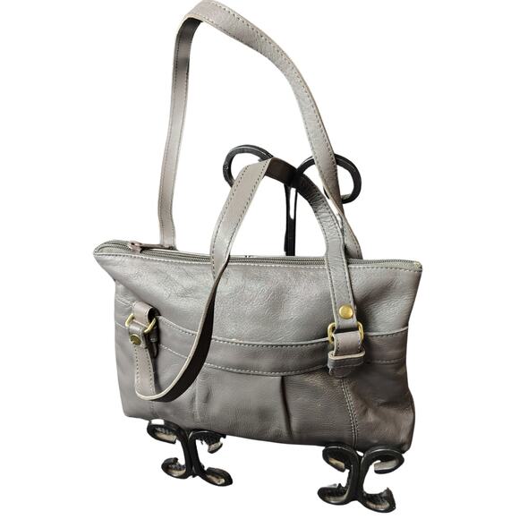 Leather Vintage Gray Pleated Shoulder Bag Two Handles Zip Top Purse Handbag - Picture 7 of 8